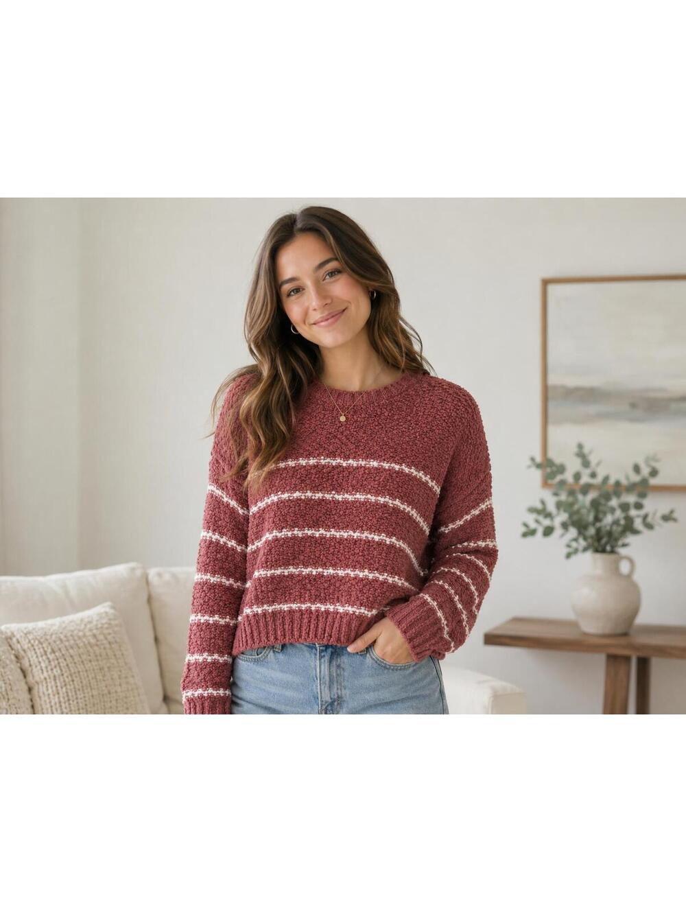 C&C California Maroon Cream Striped Textured Pullover Sweater‎